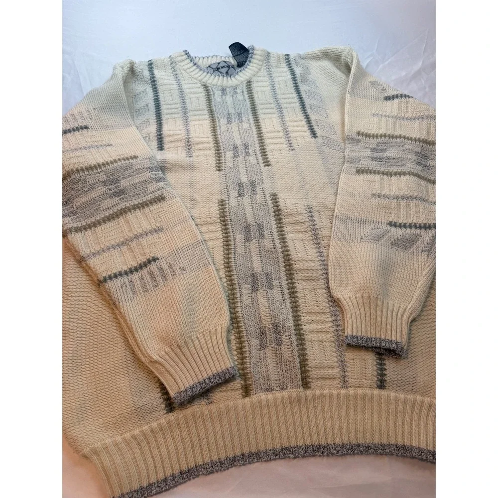 Vintage‎ STATS Sweater Mens M Cream Pattern Knit 90s Textured Pullover
